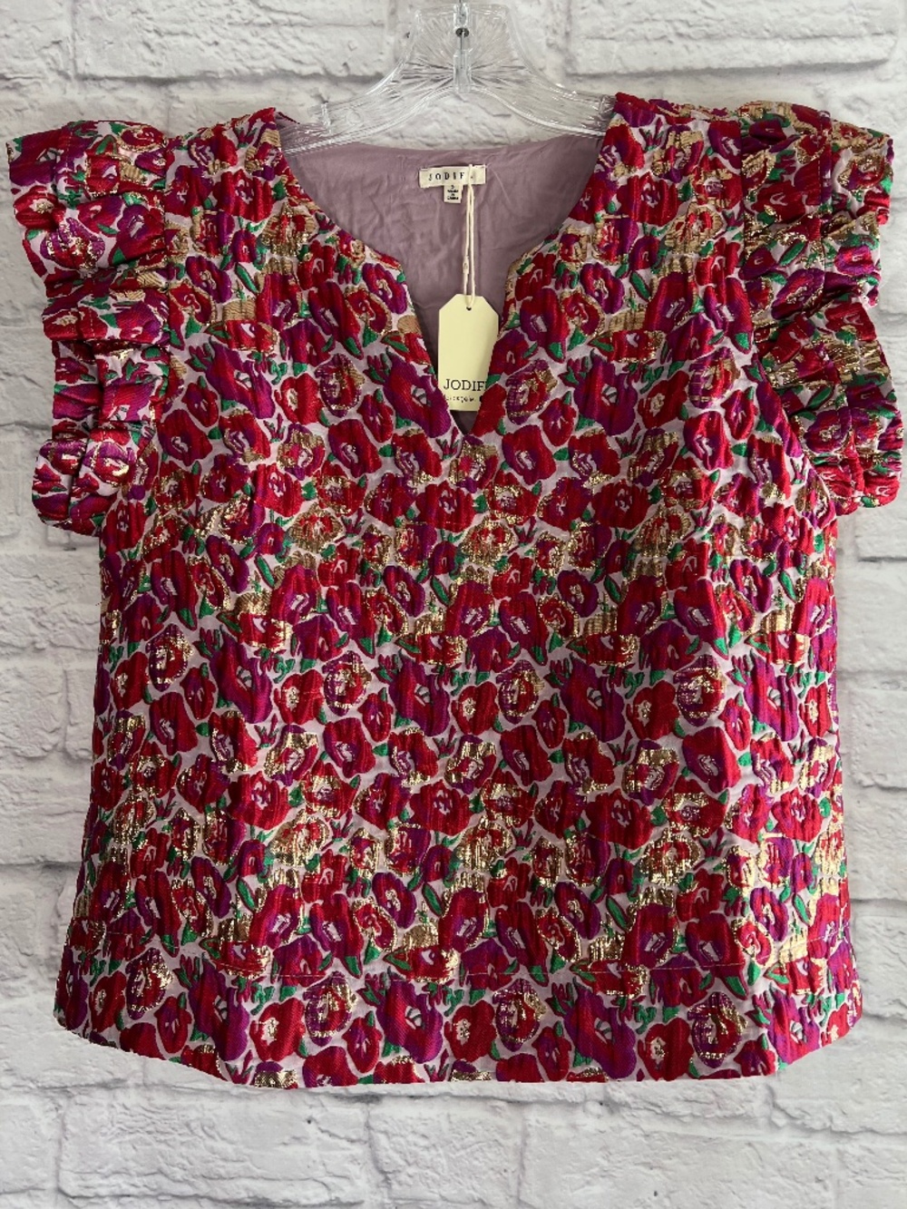 Jodifl Jacquard Floral Ruffle Sleeve Pink Red Gold Blouse Size S